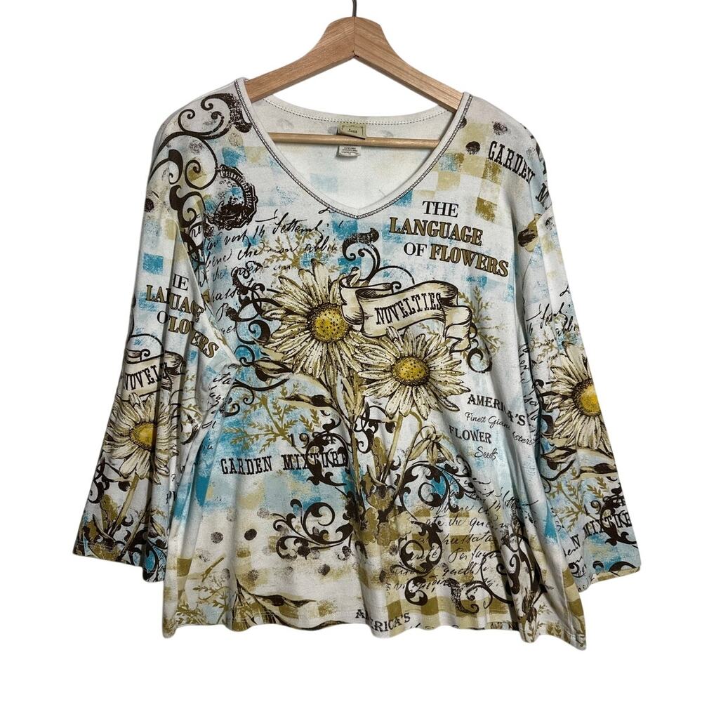 Jess & Jane "Language of Flowers" 3/4 Sleeve Shirt Top Sz 1X Embellished Daisy